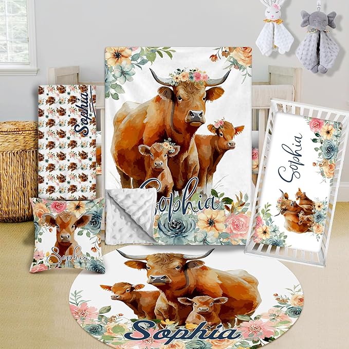 Custom Crib Bedding Set - Highland Cow Design Personalized Name Baby Nursery Bed 3 Pcs Set - Chic Soft Blanket with Dotted Backing, Sheet, Pillowcase for Newborn Girls Boys Gifts Color03