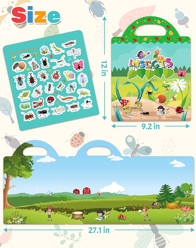 Benresive Reusable Sticker Book for Toddlers 2-4 Years, Fun Travel Stickers for Kids, Waterproof Sticker Books for Toddlers 1-3, Crafts Activities for Todddlers 1-3 2-4 3-5 - Insect