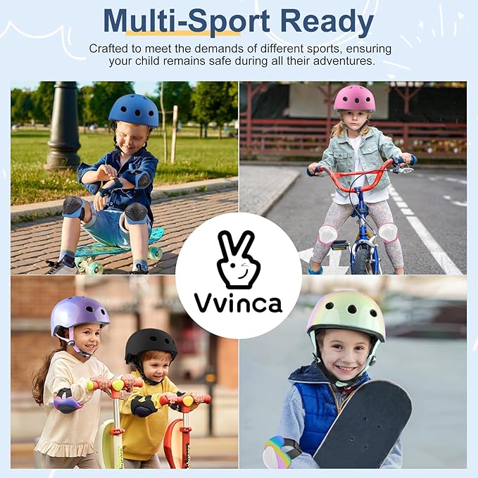 Vvinca Kids Toddlers Bike Helmet Adjustable for Ages 3-5-8 Years, Knee Pads and Elbow Pads Set Wrist Guard Sports Protective Gear Set for Roller Skate Bicycle Skateboard Scooter Girl Boy Birthday Gift