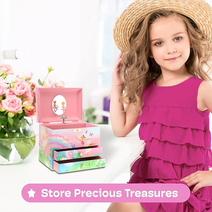 Jewelkeeper Jewelry Box for Girls - Spinning Ballerina Doll to Swan Lake Tune Music Box - Pink Jewelry Boxes for Girls with 2 Drawers - Ideal for Storing Necklaces and Bracelets - 7Lx5Hx6W Inches