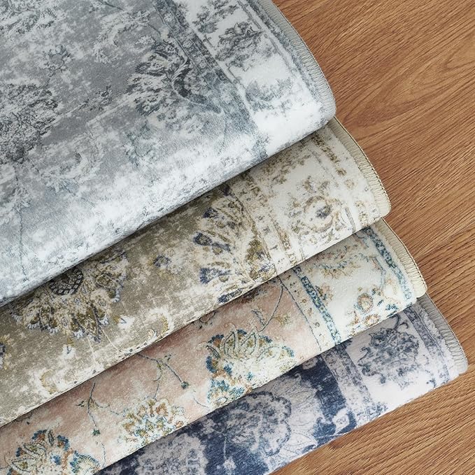 jinchan Runner Rug 2x5 Washable Hallway Runner- Vintage Floral Non Slip Low-Pile Soft Thin Kitchen Rug Distressed Carpet for Farmhouse Bedroom Entryway Laundry Room(2x5ft,Grey)