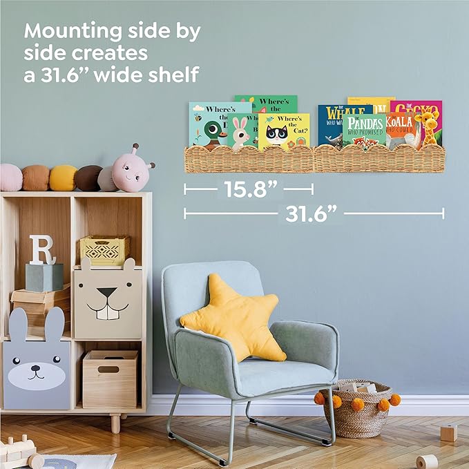 Nursery Book Shelves Set of 2 - Artisanal Natural Rattan Scalloped Book Shelf for Kids Rooms 15.8" W, Cute Wicker Nursery Bookshelf Wall Mounted, Handwoven Floating Kids Bookshelf, Baby Boho Decor