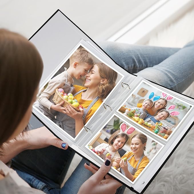 Vienrose Linen 3-Ring Photo Album Holds 250 Photos, 200 4x6 Photos and 50 6x8 Pictures, Picture Album with Multiple Size Pockets, Memory Book for Family Wedding Anniversary Baby, Black