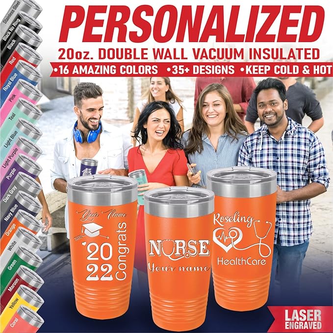 Personalized Gifts, Travel Coffee Mug, Engraved Tumbler with Names and Text, Personalized Cups Double Walled Insulated Coffee Cup for Travel, Work, Gym, Gift for Her, (Orange, 20oz)