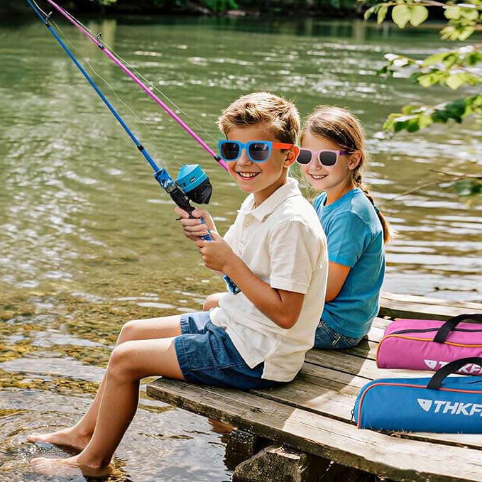 Kids Fishing Pole Set, Telescopic Fishing Rod Reel Combo Kids Starter Kit with Lures Tackle Box, Foldable Stool and Portable Bag for Boys Girls Younth