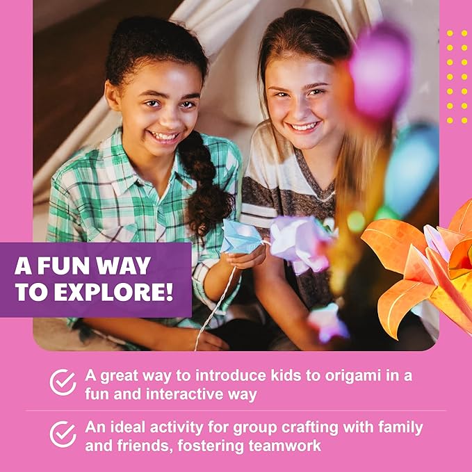 KidzMaker - Origami Flower Lights - DIY Craft Kit for Kids - Make Beautiful Flower-Shaped Origami Paper Kit Lights - Includes Colorful Papers & LED Lights - Fun Creative Activity for Room Decoration