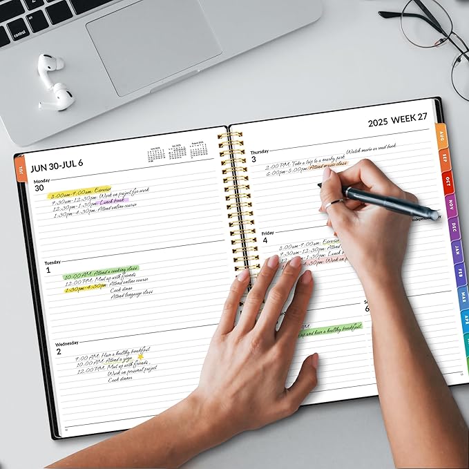 SUNEE Academic Planner 2025-2026 Weekly and Monthly, July 2025-June 2026, 8.5"x11", Tabs, Note Pages, Pockets, Bookmark, Flexible Cover, Spiral Binding, Black