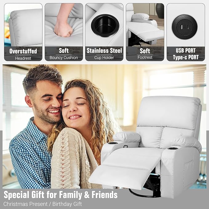 Rocking Recliner Chair, Massage Rocker Recliner Chair with Vibration Massage and Heat, USB and Type-C Ports,360° Swivel Faux Leather Chairs, Living Room, Bedroom, Nursery, RV, Light Grey