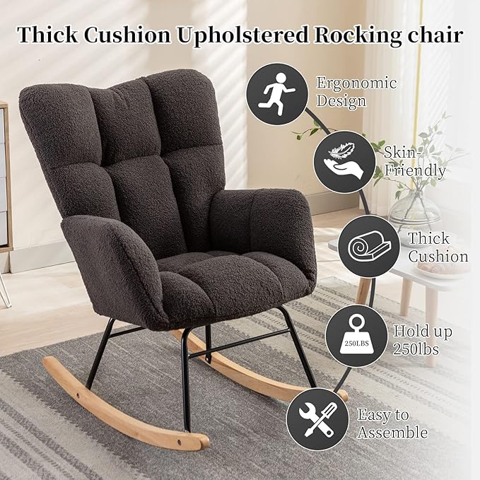 NIOIIKIT Nursery Rocking Chair Teddy Upholstered Glider Rocker Rocking Accent Chair Padded Seat with High Backrest Armchair Comfy Side Chair for Living Room Bedroom Offices (Dark Grey)