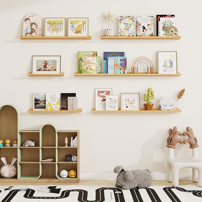 Picture Ledge Shelf, Solid Pine Wood Floating Shelves Set of 2, 36 Inches Nursery Book Shelves for Toys Storage, Kids Bookshelf Wall Mounted for Living Room Bedroom Decor Books Photo Frames, Natural