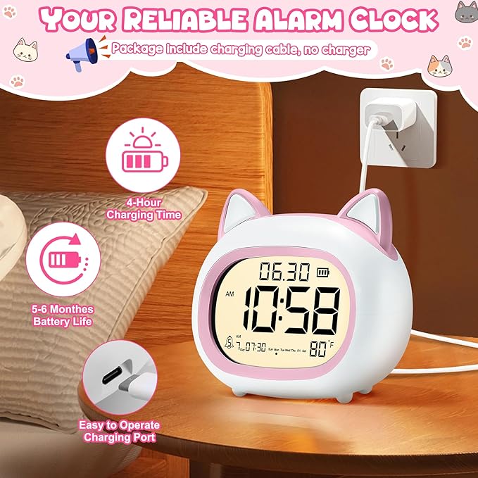 Kids Alarm Clock with Night Light for Kids, Small Digital Alarm Clocks for Bedrooms, Routine Builder, Cute Cat Alarm Clock with Sleep Training, Snooze, 12/24H, Date & Day, Temperature, USB Port