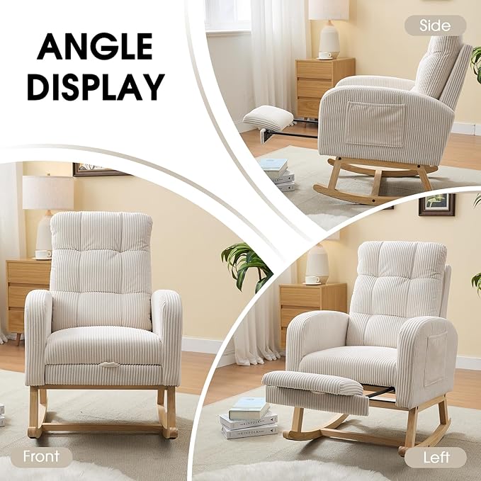 NIOIIKIT Nursery Rocking Chair, Corduroy Upholstered Rocking Chair with Adjustable Footrest, Tufted Rocker Chair with Side Pocket, Glider Rocker for Living Room, Bedroom (Cream Retro)