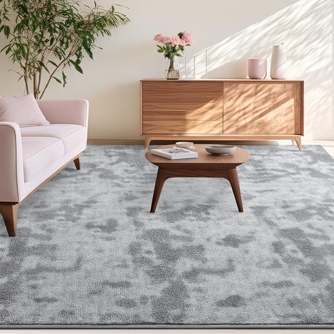 Kimicole 5x8 Washable Area Rugs for Bedroom Living Room, Low Pile Ulta-Thin Solid Color Rug, Non-Slip Soft Fluffy Carpet for Nursery Kids Room Dorm Room Home Decor (Light Grey)