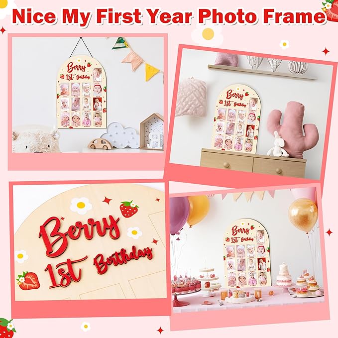 R HORSE 3D Berry 1st Birthday Wood Photo Display Board, Adorable Strawberry Baby's First Year Picture Frame, 1-12 Months Milestone Board Birthday Decorations Keepsake Gift for Baby Girls Nursery Decor