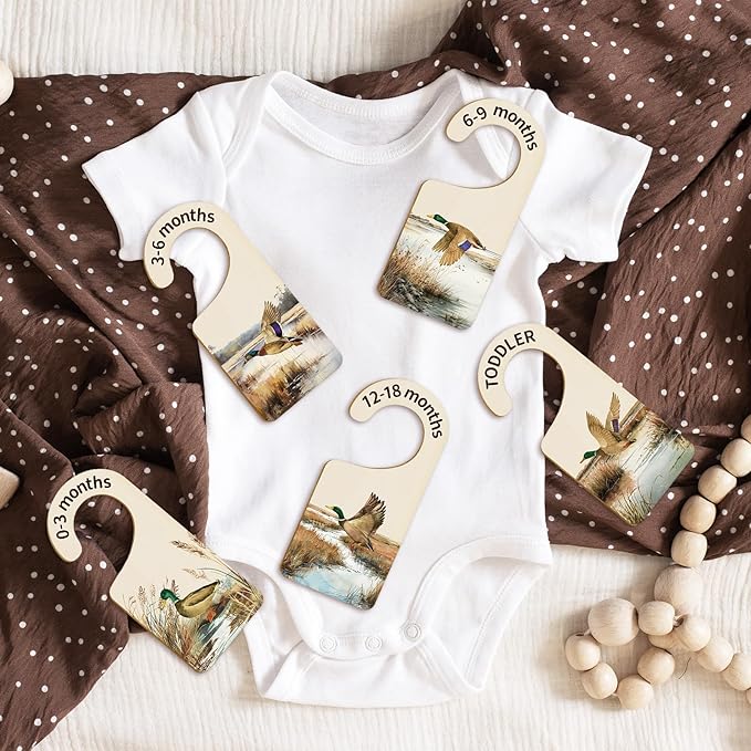 Whaline 8Pcs Baby Closet Size Dividers - Watercolor Mallard Duck Hanging Wood Organizer for Newborn to 24 Months - Thicken Wardrobe Organizer