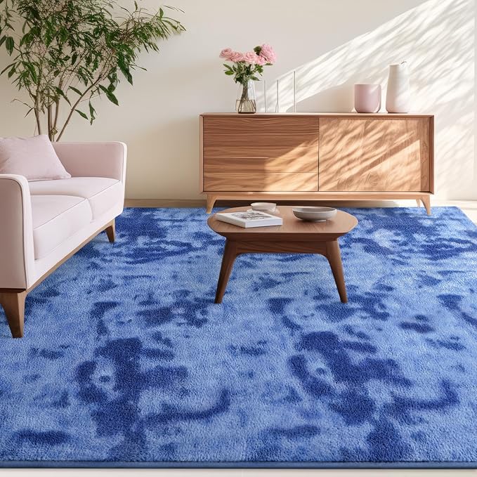 Kimicole 6x9 Washable Area Rugs for Living Room Bedroom, Large Low Pile Ulta-Thin Solid Color Rug, Non-Slip Soft Fluffy Carpet for Nursery Kids Room Dorm Room Home Decor (Blue)