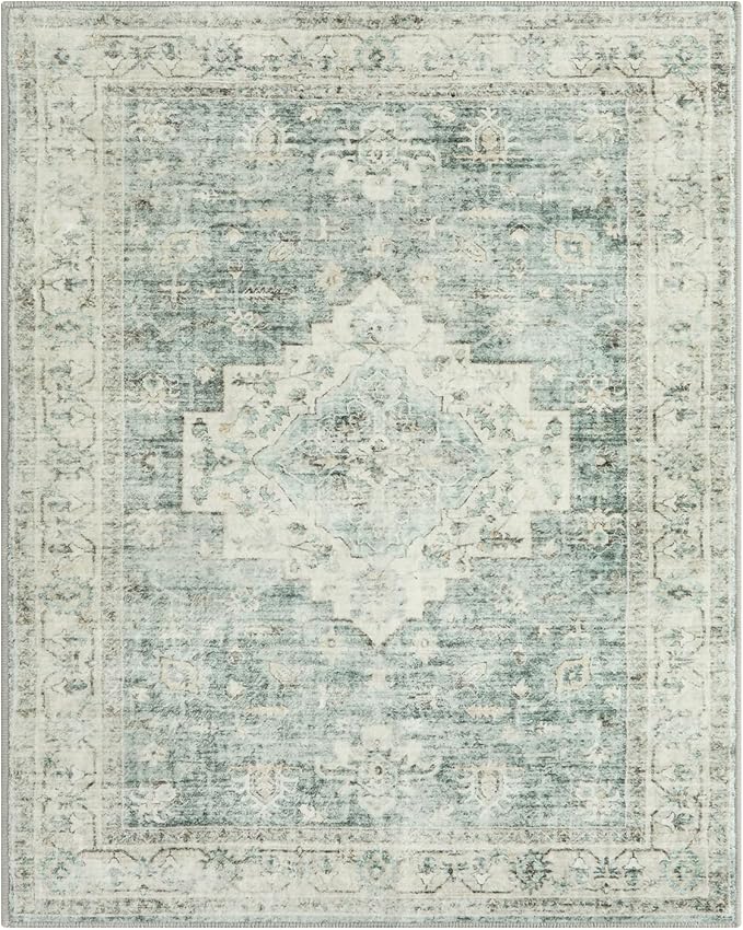 LIVEBOX Washable Area Rug 8x10 Rugs for Living Room Bedroom, Non-Slip Boho Indoor Carpet for Dining Room Office, Low-Pile Farmhouse Soft Carpets for Kids Nursery Playroom, Sage Green