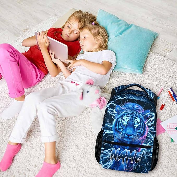 Boys School Backpack, Personalized Tiger Backpacks with Name for Kids Kindergarten Primary Senior Middle, 17 Inch Durable Personalized Cool Lightning Bookbag for School