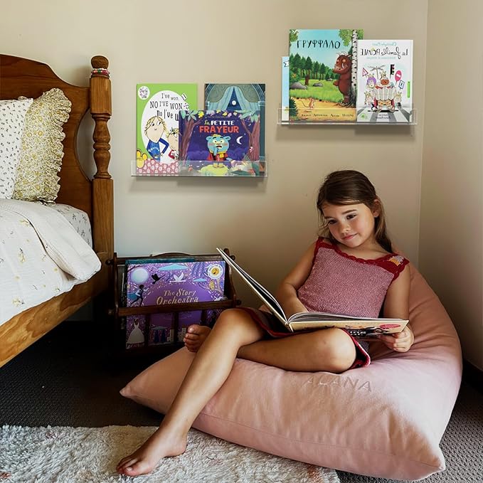 NIUBEE 16.5-Inch Acrylic Floating Bookshelves, 2-Pack, Clear Modern Wall Shelves for Child/Toddler, Invisible Ledge Book Shelves for Nursery/Kids Room/Playroom/Small Spaces.