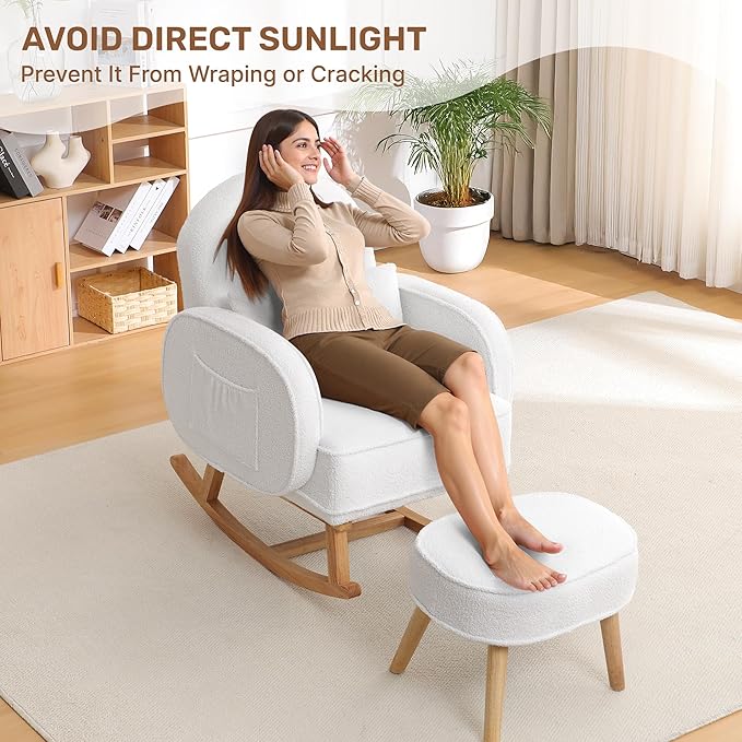Rocking Chair Nursery with Ottoman, Upholstered Glider Rocker with High Backrest and Side Pocket, Rocking Accent Armchair with Solid Wood Legs for Nursery/Living Room/Bedroom White