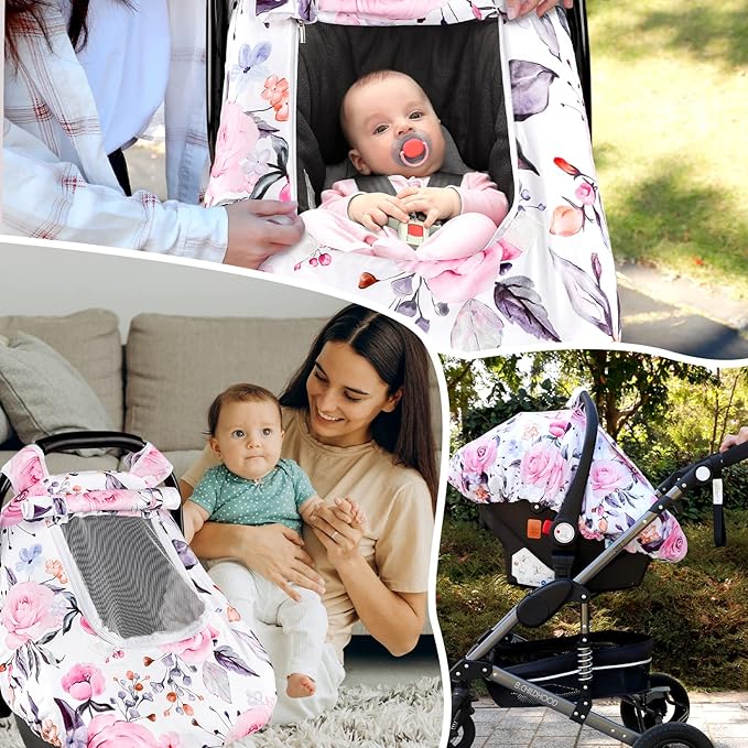 Floral Baby Carseat Cover Girls, Pea Pod Infant Car Seat Covers Canopy for Newborn with 2 Layers Windows of Breathable Mesh/Fabric, Lightweight Polyester/Minky Dot Backing, Snug Fit Most Baby Car Seat