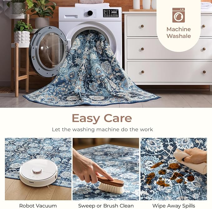 6x9 Area Rug for Living Room & Bedroom, Washable Non-Slip Vintage Rugs, Floral Soft Carpet, Low Pile Wool Carpets for Indoor Dining Home Office Playroom Under Table, Modern Decor, Blue Garden