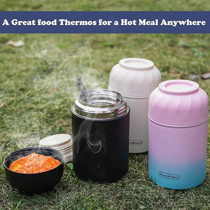 Soup Thermo for Hot Food & Drinks, Thermo Lunch Box for Kids, 17oz Vacuum Insulated Food Container with Spoon&&Drawstring Bag, Soup Therm for Adults, Blue&White