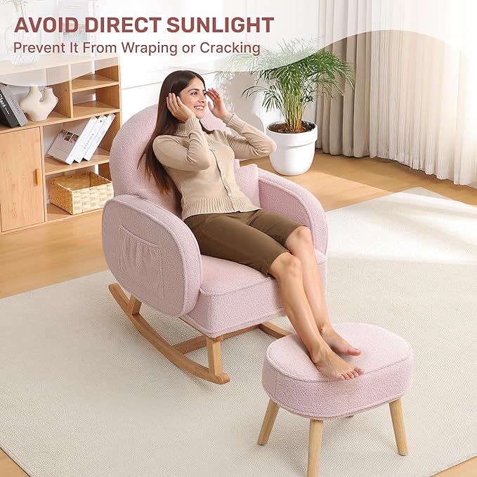 Rocking Chair Nursery with Ottoman, Upholstered Glider Rocker with High Backrest and Side Pocket, Rocking Accent Armchair with Solid Wood Legs for Nursery/Living Room/Bedroom Pink