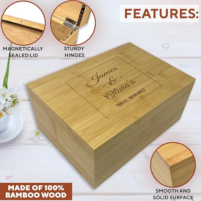 Travel Keepsake Box - Personalized Travel Couple Gift, Bamboo Wood Chest Trunk for Couples, Our Adventure Memory Box, Keepsake Storage for Tickets, Custom Valentine's Gifts, 11 x 8 x 4.75 in