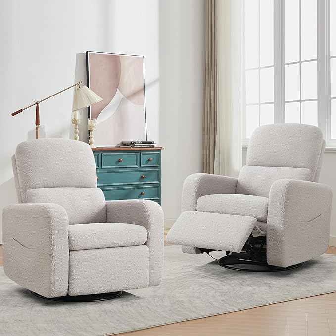 Swivel Rocker Recliner, Oversized Manual Nursery Glider Rocking Recliner with Removable Cushion, Upholstered Teddy Boucle Swivel Reclining Chair for Nursery Living Room Bedroom, Teddy Grey