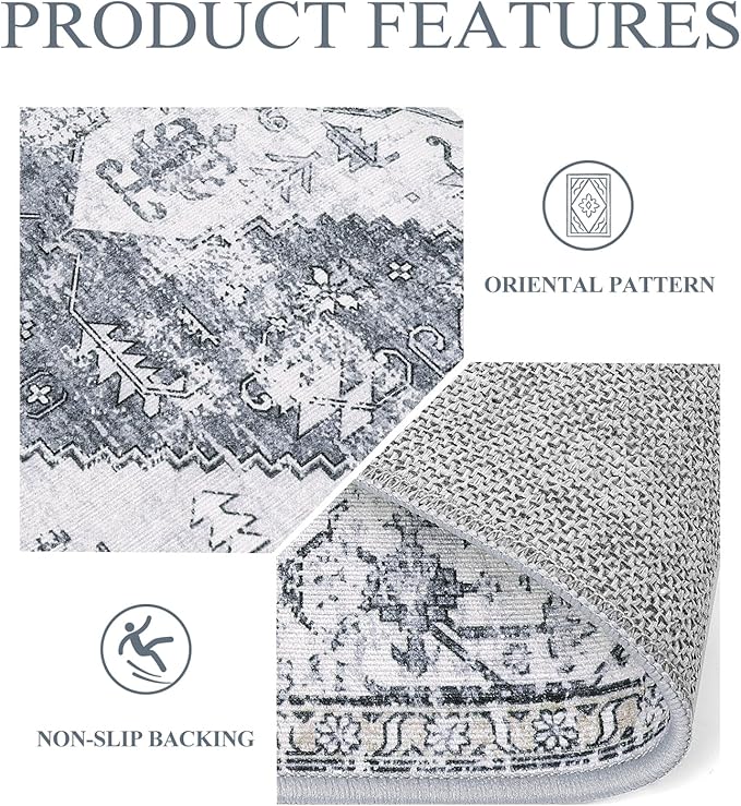 Lahome Boho Washable Rugs for Bedroom - 3x5 Area Rugs for Living Room Throw Non-Slip Thin Entryway Rug Kitchen Rugs Grey Oriental Distressed Print Capet for Office Bathroom Laundry Room Dining Room