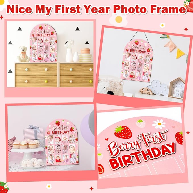 R HORSE 3D Berry First Birthday Wood Photo Display Board, Pink Strawberry Baby's First Year Picture Frame, 1-12 Months Milestone Board Birthday Decorations Keepsake Gift for Baby Girls Nursery Decor