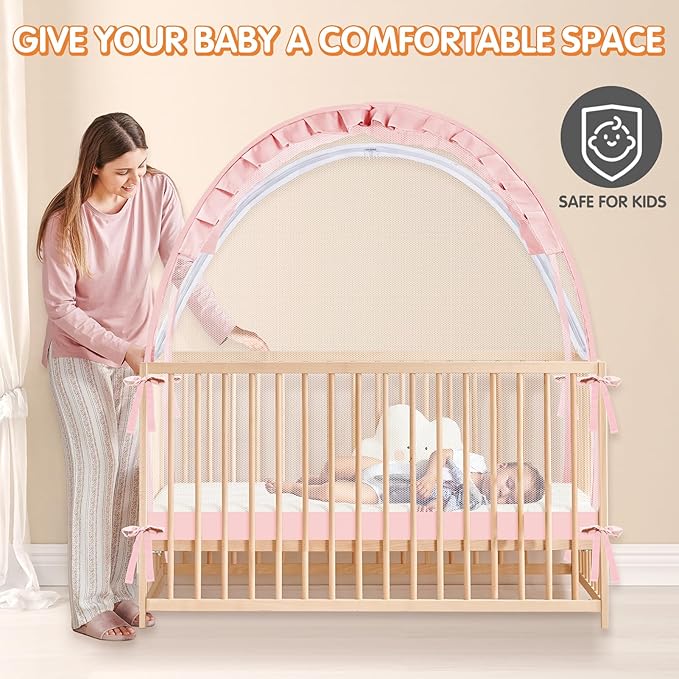 Crib Tent to Keep Baby from Climbing Out - Crib Net to Keep Baby in - Pop Up Breathable Cribs Cover - Canopy with Upgrade Strong Mesh and Durable Zipper (Pink, Lager)