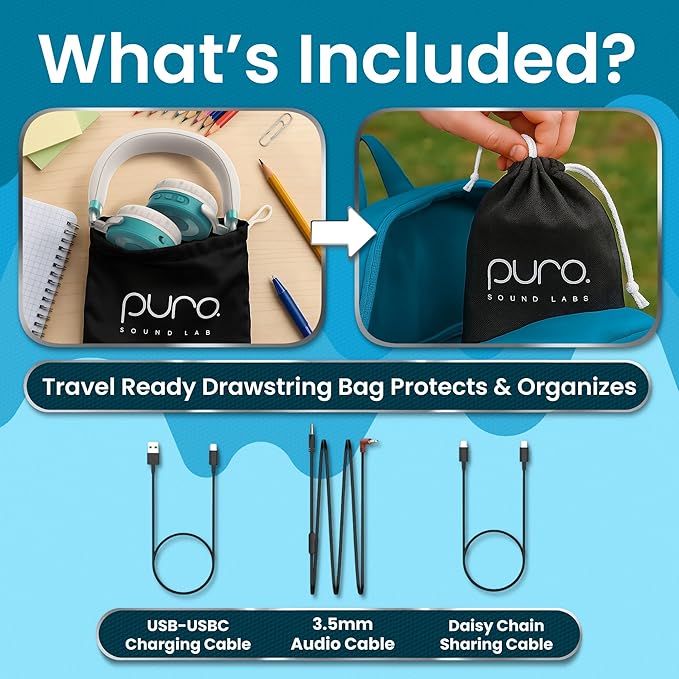 Puro Sound Labs JuniorJam Plus Volume-Limiting Wireless Bluetooth Headphones for Kids, Secure Audio with Adjustable On-Ear Design, 22-Hour Battery, Ideal for Tablets, Smartphones & PCs - Teal