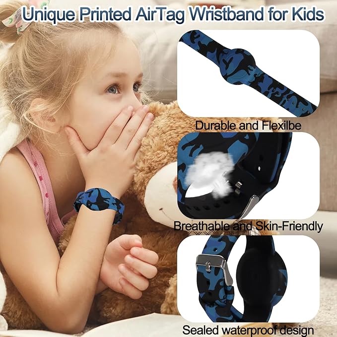 Waterproof AirTag Bracelet for Kids, Hidden Printed Wristband for Apple Air Tag, Silicone AirTag Holder GPS Tracker Case for Band for Child Toddler, Secure Anti-Lost Protection(Blue)