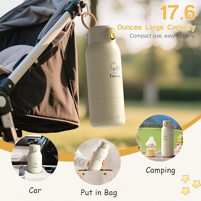 Portable Bottle Warmer for Travel, Removable Bottle Warmer for Formula, Breast Milk & Water, 17oz Large Capacity Baby Milk Warmer with Fast Heating, Baby Bottle Warmer On The Go for Outdoor