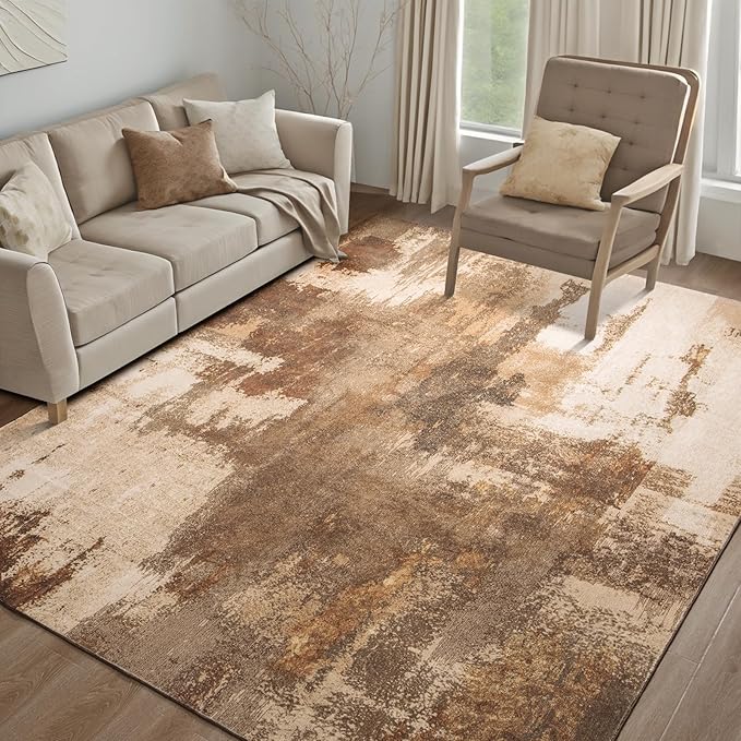 Kelarea Living Room Rug, 9x12 Rug Modern Abstract Washable Rugs, Brown Vintage Low Pile Carpet, Non Slip Large Rugs for Bedroom, Dining Room, College Dorm, Home Office