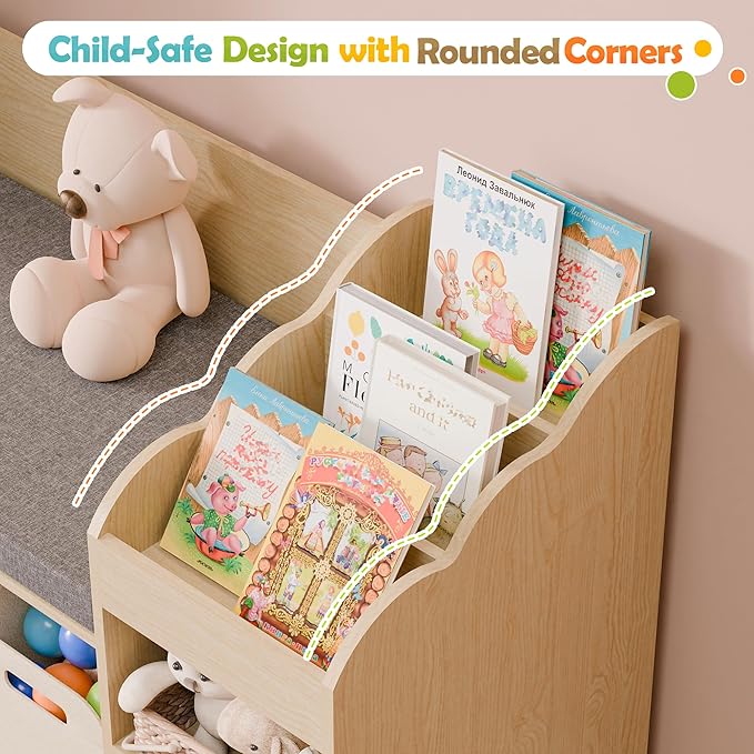 MU Kids Bookshelf with Reading Nook, Wooden Toy Storage Organizer with Chalkboard and Bench, Kids Reading Nook for Boys & Girls, Toddler Toy Shelf for Bedroom, Nursery, Playroom, Natural Oak