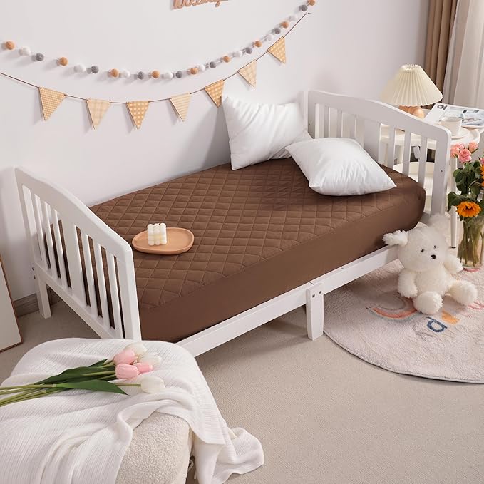 NTBAY 2 Pack Waterproof Crib Mattress Protector, Quilted 28"x52" Toddler Fitted Sheet - Machine Washable - Soft and Breathable Mattress Pad Cover for Crib, Nursery, Daycare, Cot, Brown