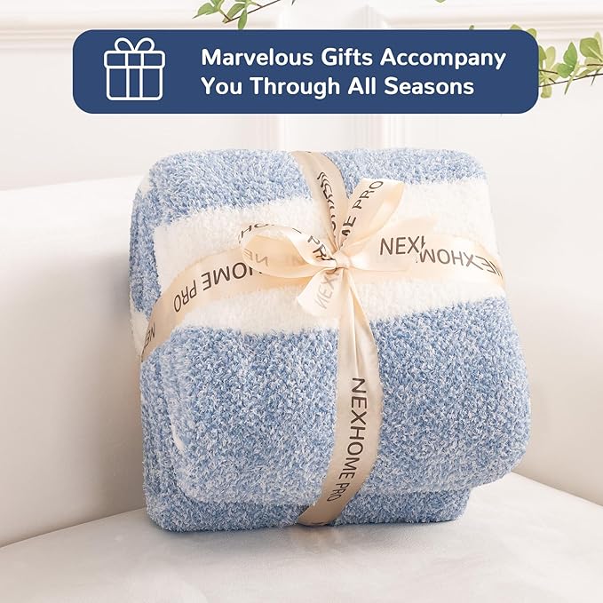 NEXHOME PRO Stripe Cozy Blanket, Knit Fuzzy Throw Blanket for Couch Bed Sofa Picnic, Ultra Soft Blankets for Women Gifts Blue 50 x 60 inches