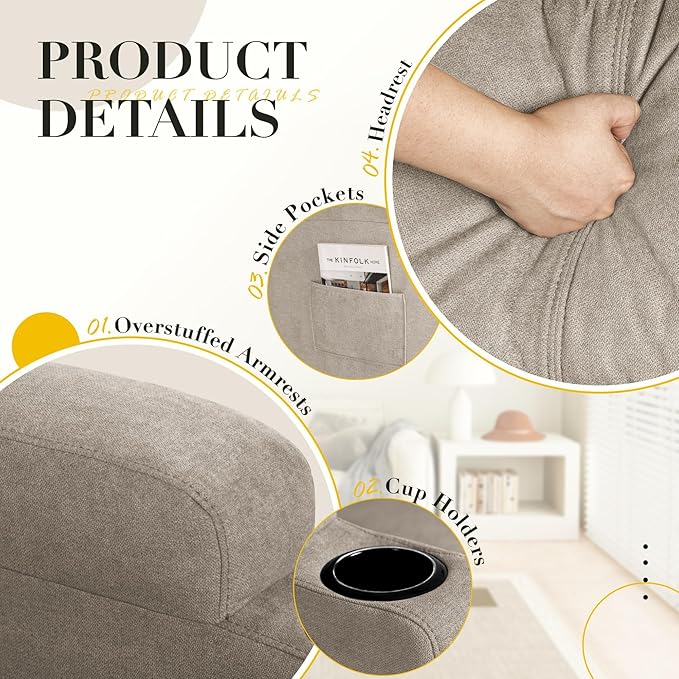 Recliner Chair, 360° Swivel Rocker Chair for Adults, Rocking Recliner Chair with Massage, Comfy Single Sofa with Side Pockets Cup Holders for Living Room, Bedroom, Nursery (Fabric, Khaki)