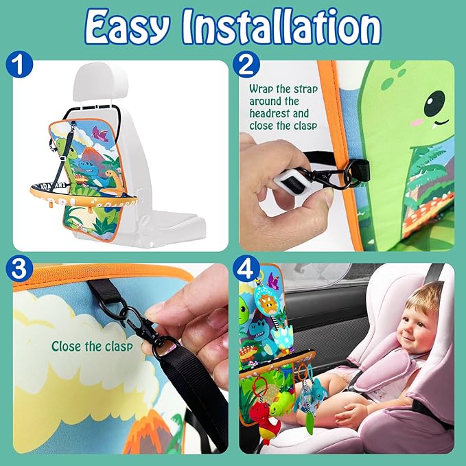 Baby Car Seat Dinosaurs Toys - Kick and Play Double Sided Infant Car Seat Toys with Plush Toys, Mirror, Teether for Baby, Babys Travel Activities, Christmas Birthday Gifts Newborn Infant Toys