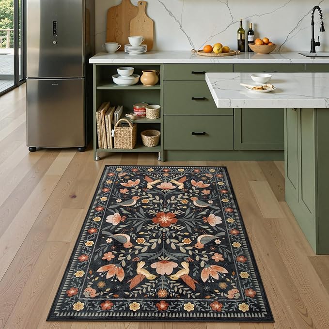 Moynesa Boho Bird 3x5 Rug, Ultra Thin Washable Kitchen Rugs Anti Skid Rubber Backing, Low Pile, Soft, Indoor Large Black Throw Carpet for Entryway Office Bedroom Bathroom Living Room
