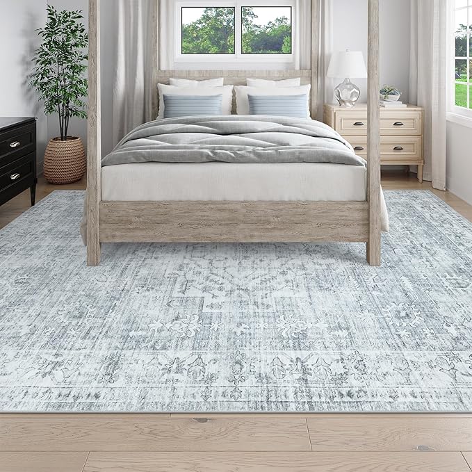 LIVEBOX Washable Area Rug 9x12 Rugs for Living Room Bedroom, Non-Slip Boho Neutral Carpet for Dining Room Office, Low-Pile Farmhouse Soft Carpets for Kids Nursery Room Playroom, Grey