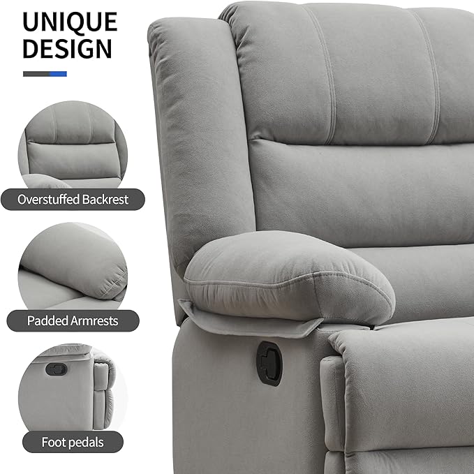 Swivel Rocking Recliner Chair for Adults, Overstuffed Manual Glider Rocker Recliner Chairs, Upholstered Reclining Single Sofa for Living Room Nursery (Light Grey)