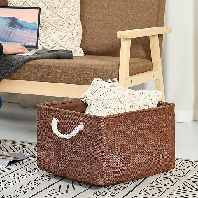 TheWarmHome Organization and Storage Basket for Organizing - 17x14x10 inch 3 Pack Fabric Storage Cubes, Collapsible Storage Bins for Shelves Closet Organizer Toy Gift Cloth (Brown)