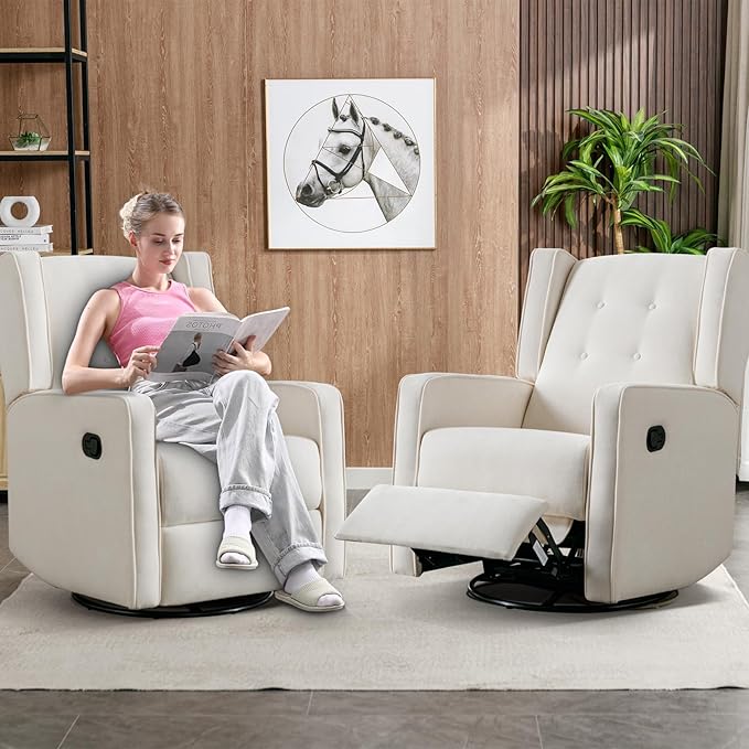 Swivel Rocker Recliner Chair Set of 2, Nursery Glider Chair, Nursery Rocking Chairs, Manual Reclining Chair, White