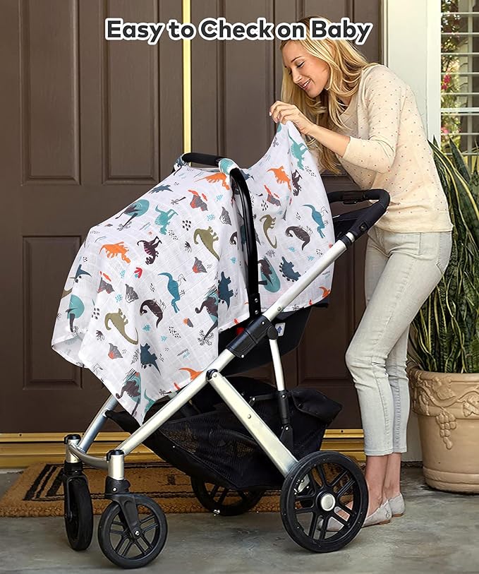 Rquite Muslin Car Seat Cover Baby, Carseat Covers Baby Boy Girl, Breathable Lightweight Infant Car Seat Cover, Baby Carrier Cover Car Seat Canopy Stroller Sun Shade for Summer & Hot Day, Universal Fit