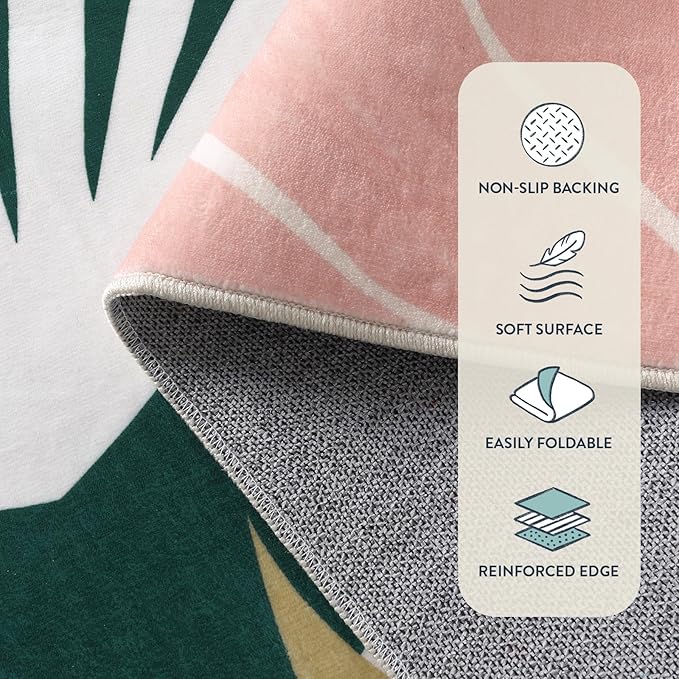 Lahome Area Rugs 4x6 Washable Soft Bedroom Rugs - Non-Slip Ultra-Thin Rugs for Entryway Stain Resistant Floor Rug, Boho Botanical Print Indoor Rug for Living Room Kitchen Office (4'x6',Green/Pink)