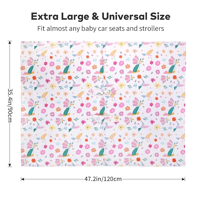 Rquite Muslin Car Seat Cover Baby, Carseat Covers Baby Girl Boy, Breathable Lightweight Infant Car Seat Cover, Baby Carrier Cover Car Seat Canopy Stroller Sun Shade for Summer & Hot Day, Universal Fit